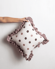 Scarlet Bloom 04 – Dotted Cushion Cover with Dusty Rose Ruffled Border