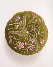 Botanical Symphony: Embroidered Velvet Round Cushion