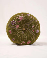 Botanical Symphony: Embroidered Velvet Round Cushion