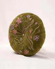Botanical Symphony: Embroidered Velvet Round Cushion