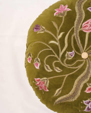 Botanical Symphony: Embroidered Velvet Round Cushion