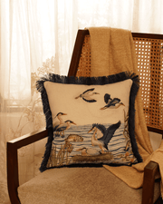 Embroidered Cotton Duck Cushion Cover with Velvet Back & Fringe