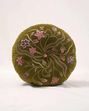 Botanical Symphony: Embroidered Velvet Round Cushion
