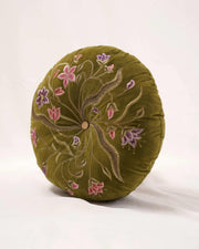 Botanical Symphony: Embroidered Velvet Round Cushion