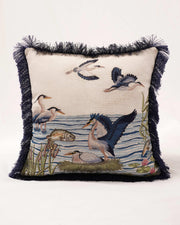 Avian Whimsy: Embroidered Cotton & Velvet Cushion